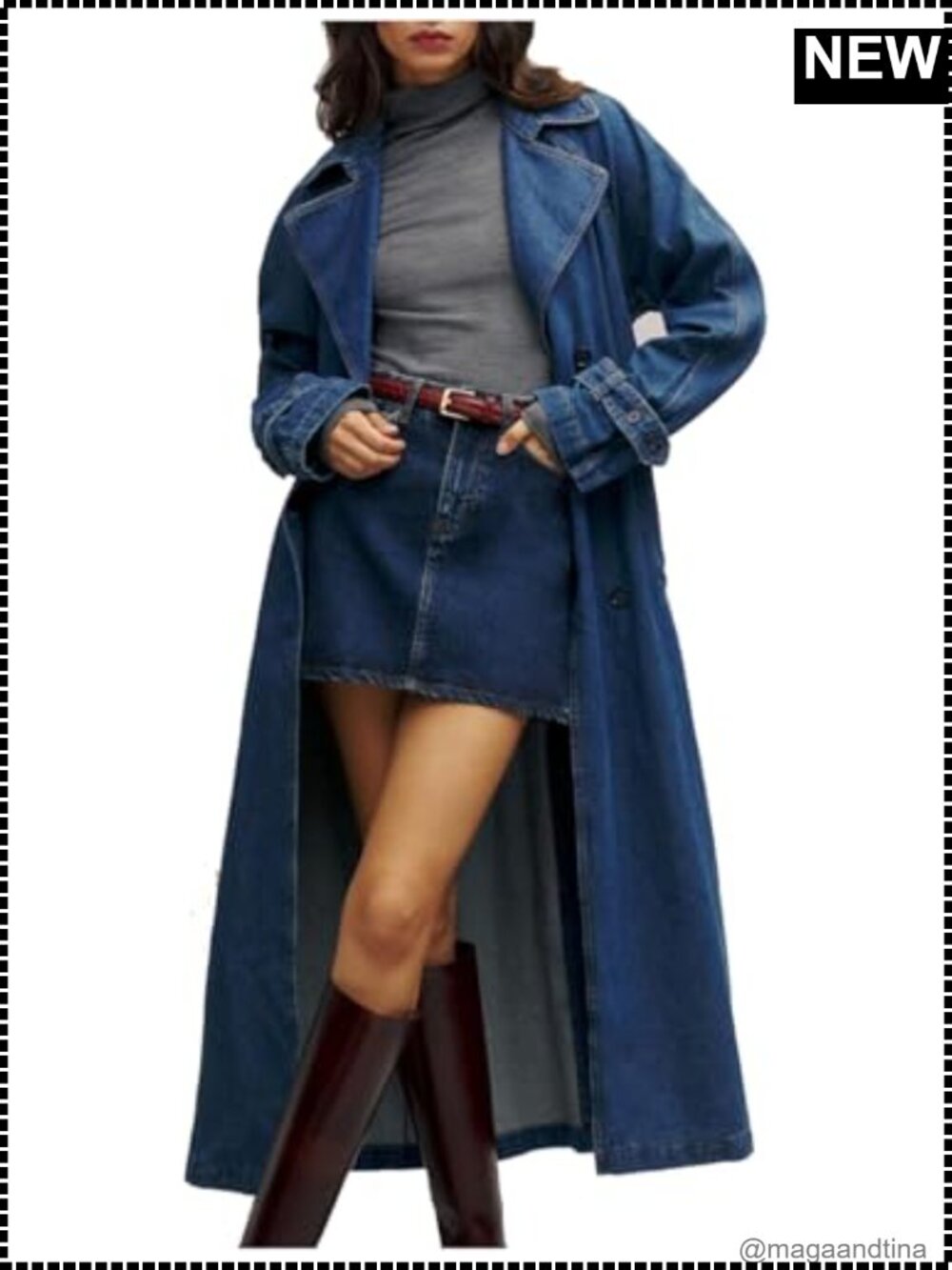 Womens Denim Trench Coat Midi Overcoat Double Breasted Belted Jean Jacket